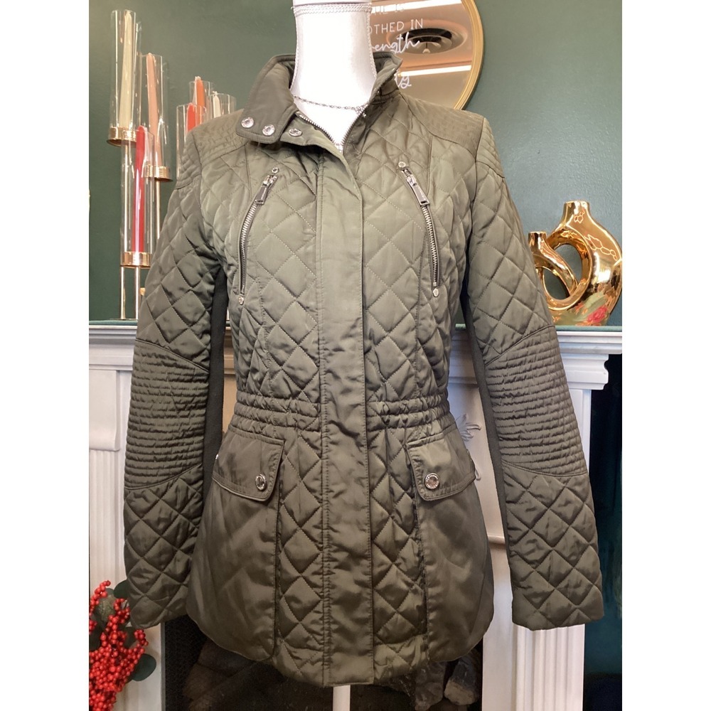BCBGeneration Quilted Utility Jacket Women Small Olive Green Excellent Moto Zip